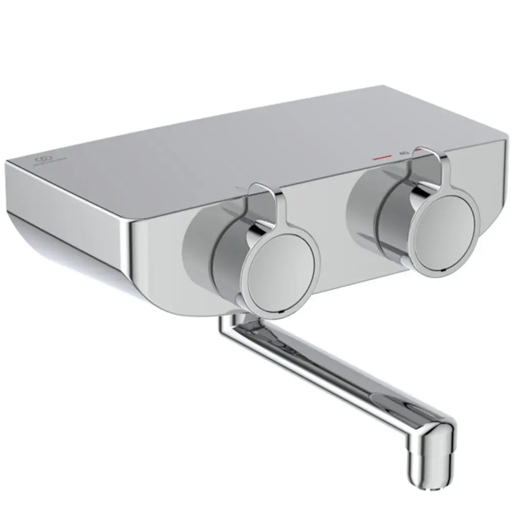 Küchenthermostat von Ideal Standard in Chrom-Optik mit zwei Drehreglern zur Temperatureinstellung und einem Auslaufrohr.
